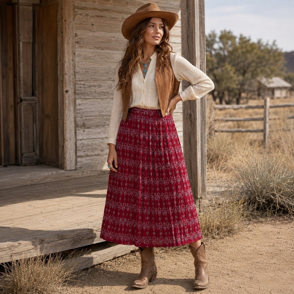 Cabela's Crinkle Broomstick Maxi Skirt Size M Red Pockets Western Boho Cowgirl